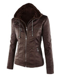 Basic Pu Leather Jacket Women New Stylish Long Sleeve Solid Color Zipper Removable Hooded Female Winter Motorcycle Coat