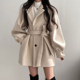 Korean Fashion Women New Woolen Coat Solid Color Belt Lapel Lantern Sleeve Autumn Winter Casual Temperament Women