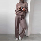 2 Pieces Set Women Knitted Tracksuit Turtleneck Sweater + Wide-Leg Straight Pants Suit Solid Sweater Set Casual Knitted Outwear