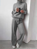 2 Pieces Set Women Knitted Tracksuit Turtleneck Sweater + Wide-Leg Straight Pants Suit Solid Sweater Set Casual Knitted Outwear