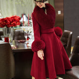 New Long Cashmere Wool Blends Fur Coat Belt Winter Jacket Plush Bib Detachable Women Fox Fur Collar Cuffs Streetwear Woolen