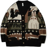 Nukty Vintage Cardigan Oversized Sweater New Japanese Harajuku Cartoon Knitted Sweater Pullover Hip Hop Streetwear Loose Knitwear Tops