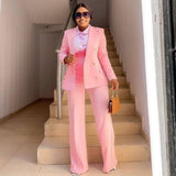Business Women Blazer Sets 2 Piece Outfits Pink Jacket Wide Leg Pants Suit Elegant Fall Winter Formal Suits Party Office Clothes