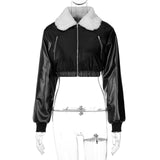 Angels Lapel Long Sleeve Top Solid Fur Ruched Pu Leather Jacket Winter Women Fashion Faux Leather Streetwear Plush Coat AG30767