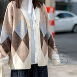 Argyle Cardigan Women Knitted Sweater Loose Single Breasted Students V-neck Lovely Knitwear Korean Oversize Cardigan Winter Tops