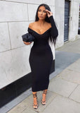 Nukty Women Autumn Solid Ribbed Maxi Knitted Dress V Neck Sexy Slim Elastic Basic Long Bodycon Dress Winter Off Shoulder White Dresses