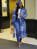 Double Breasted Pattern Print Long Trench Jacket Women Fashion Notched Collar Full Sleeve Coat Vintage Female Plus Size Cardigan