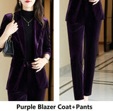 High Quality Fabric Velvet Formal Women Business Suits OL Styles Professional Pantsuits Office Work Wear Autumn Winter Blazers