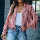 Faux Suede Jacket Women's Motorcycle Lapel Handsome Jacket Fall Ladies Solid Fringed Short Coat Women Jackets