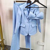 HIGH QUALITY New Fashion Designer Blazer Suit Set Women's Single Button Diamonds Beaded Camis Blazer Pants Suit 3pcs Set