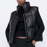 Sleeveless Vest Women Waistcoat Winter Zipper Leather Jacket Vest Cotton Coat Female Stand Collar Waistcoat Short Chaleco Mujer