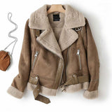 New Women's Jacket Faux Shearling Sheepskin Retro Suede Fur Motorcycle Jacket Belt Leisure Loose Zaring Woman Jackets