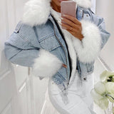 Autumn Winter Women Jacket Coat Warm Faux Fur Short Jean Jackets Ladies Fashion Denim Outwear Thicken Clothes