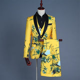 Mens Gold Yellow 4 Pieces Set Quality Red-crowned Crane Pattern Brocade Jacquard Suits Wedding Groom Tuxedo Stage Costume