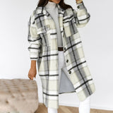 Winter Checked Women Jacket Turn Down Overcoat Thin Plaid Long Coat Oversize Thin Retro Female Streetwear Shirt Jacket