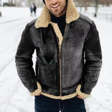 Winter Warm Mens Fashion Zip-up Overcoats Long Sleeve Faux Fur Jackets Men Vintage Woolen Turn-down Collar Coats Streetwear