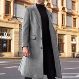 Fashion Korean Style Black Windbreaker Men Solid Color Lapel Long Sleeve Temperament Woolen Coat Western Style Autumn Winter