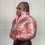 Sisterlinda Faux PU Leather Y2K Bubble Puffer Winter Warm Jacket Women Coats Long Sleeve Outerwear Zipper Casual Slim