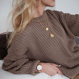 NUKTY Women Solid Knitted Sweater Autumn Winter Casual Round Neck Long Sleeve Pullovers Female Loose Jumper Tops Oversized Sweaters
