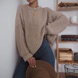 NUKTY Women Solid Knitted Sweater Autumn Winter Casual Round Neck Long Sleeve Pullovers Female Loose Jumper Tops Oversized Sweaters