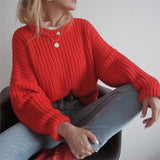 NUKTY Women Solid Knitted Sweater Autumn Winter Casual Round Neck Long Sleeve Pullovers Female Loose Jumper Tops Oversized Sweaters