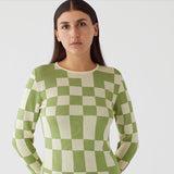 Women's Crew Neck Tops Casual Long Sleeve Checkerboard Print Loose Fit Knit Blouse  For Daily Wear Dancing Raves