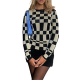 Women's Crew Neck Tops Casual Long Sleeve Checkerboard Print Loose Fit Knit Blouse  For Daily Wear Dancing Raves