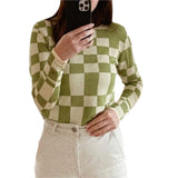 Women's Crew Neck Tops Casual Long Sleeve Checkerboard Print Loose Fit Knit Blouse  For Daily Wear Dancing Raves