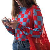 Women's Crew Neck Tops Casual Long Sleeve Checkerboard Print Loose Fit Knit Blouse  For Daily Wear Dancing Raves