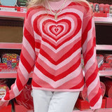 NUKTY  Women Fashion Pink Love Heart Print Sweater Female Casual Loose Long Sleeve O-neck Knitted Pullover for Autumn Winter