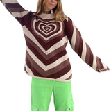 NUKTY  Women Fashion Pink Love Heart Print Sweater Female Casual Loose Long Sleeve O-neck Knitted Pullover for Autumn Winter