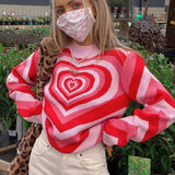 NUKTY  Women Fashion Pink Love Heart Print Sweater Female Casual Loose Long Sleeve O-neck Knitted Pullover for Autumn Winter