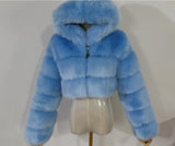 Fashion Autumn Winter High Quality Faux Fox Fur Coat Women Vintage Long Sleeve with Cap Slim Short Jackets Furry Coat Femme