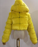 Fashion Autumn Winter High Quality Faux Fox Fur Coat Women Vintage Long Sleeve with Cap Slim Short Jackets Furry Coat Femme