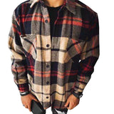 Hot Sale Fashion Plaid Men Woolen Shirt Long Sleeve Blouse Tee Tops Winter Lapel Fashion Men Bottom Shirt Button Retro Shirt