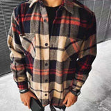 Hot Sale Fashion Plaid Men Woolen Shirt Long Sleeve Blouse Tee Tops Winter Lapel Fashion Men Bottom Shirt Button Retro Shirt