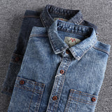Nukty Men Clothing American Retro Washed Old Denim Shirt Men's Tooling Thick and Rough Denim Trendy Loose Long-sleeved Shirt