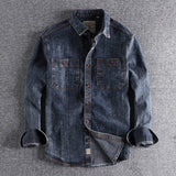 Nukty Men Clothing American Retro Washed Old Denim Shirt Men's Tooling Thick and Rough Denim Trendy Loose Long-sleeved Shirt
