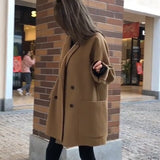 Women Woolen Double Breasted Long Trend Coat Autumn Winter Casual Long Sleeve Overcoat Loose Vintage Fashion Outwear Jacket