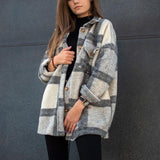 Autumn Winter Lapel Loose Check Casual Jacket European American Long-sleeved Coral Fleece Plaid Outwear Plush Shirt Jackets