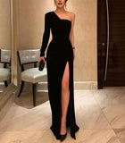Nukty One Shoulder Soft Satin Long Black Mermaid Evening Dresses with Slit Simple Design Abendkleider Robes de Soirée for Women