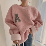 Korean Women Sweater Chic Autumn Warm Lazy Round Neck Embroidered Letter Cover Loose Color Long Sleeve Lamb Wool