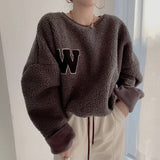 Korean Women Sweater Chic Autumn Warm Lazy Round Neck Embroidered Letter Cover Loose Color Long Sleeve Lamb Wool