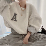 Korean Women Sweater Chic Autumn Warm Lazy Round Neck Embroidered Letter Cover Loose Color Long Sleeve Lamb Wool