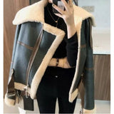 Angels Lapel Long Sleeve Top Solid Fur Ruched Pu Leather Jacket Winter Women Fashion Faux Leather Streetwear Plush Coat AG30767