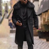 Fashion Mens Woolen Coat Autumn Winter New Casual Double Breasted Brown Long Sleeve Fur Collar Overcoat Jacket