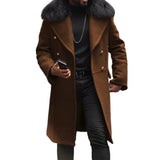 Fashion Mens Woolen Coat Autumn Winter New Casual Double Breasted Brown Long Sleeve Fur Collar Overcoat Jacket