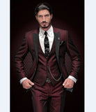 New Arrival Groomsmen Peak Black Lapel Groom Tuxedos Burgundy Men Suits Wedding Best Man Blazer (Jacket+Pants+Vest)