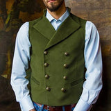 Men's Suit Vest Green Lapel Collar Double Breasted Solid Color Cardigan Vest Jacket Casual Slim Fit Gilet Men Waistcoat