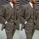 Nukty Tweed Woolen Formal Men Suits Wedding Tuxedos Striped Groommen Party Prom Pants Suits Jacket Business 3 Pieces Costumes Hommes